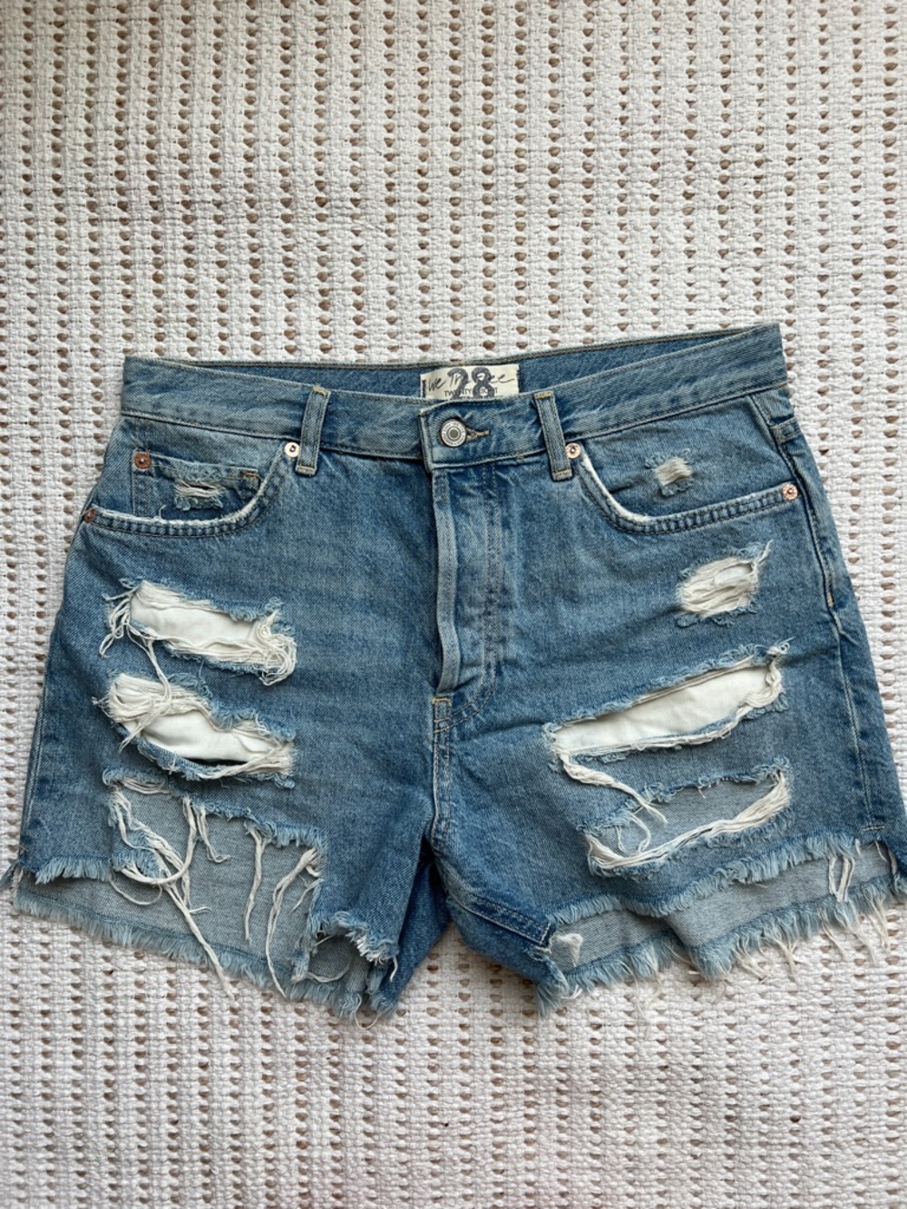 Free People High Waisted Jean Shorts - Distressed Maggie Denim Cutoffs - Size 28